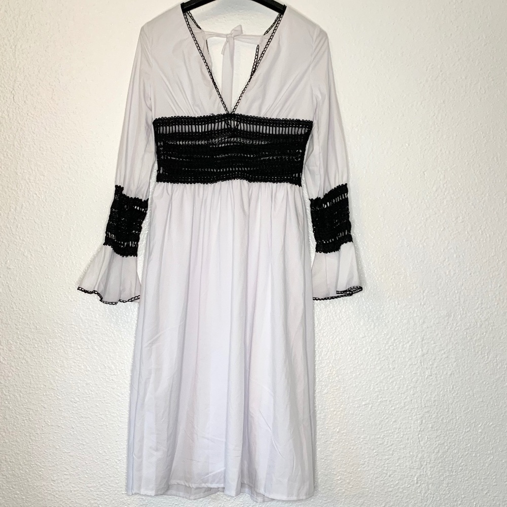 White Boho Midi Dress Black Lace Detail Bell Sleeves
